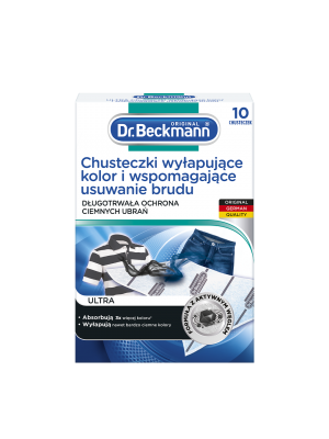 Dr. Beckmann Chusteczki wyłapujące kolor i wspomagające usuwanie brudu do tkanin ciemnych ULTRA 10 szt.